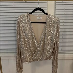 Socialite Champagne Sequin Wrap Blouse Long Sleeve